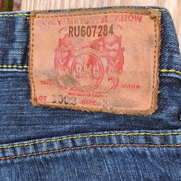 Vintage RMC Jeans Men's Graphic Navy and Blue Jeans Size 34x32 - Picture 10 of 14